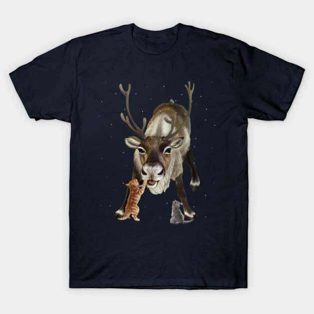 Reindeer and Kittens in the snow T-Shirt by Mehu Art